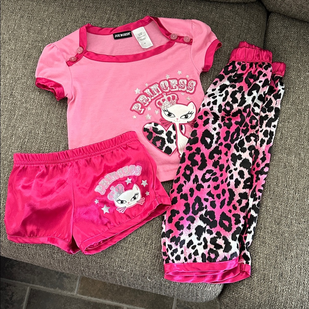 Joe Boxer Girls Pink Princess kitty Short Sleeve Pajama 3 piece set Set Sz 4-5